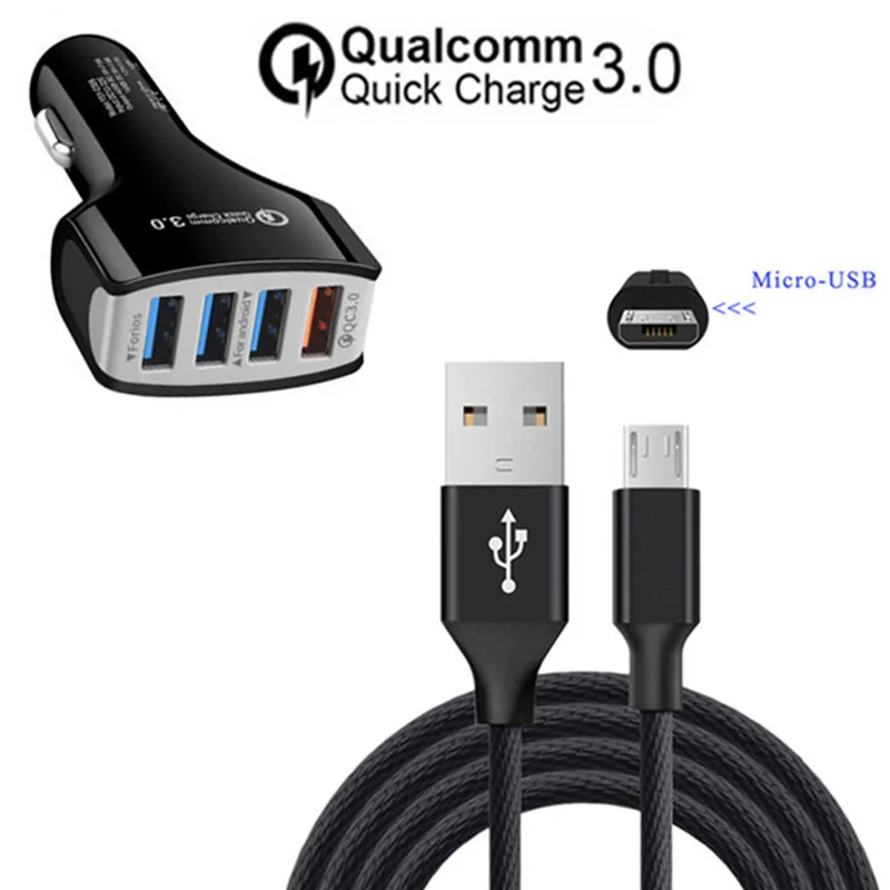 

QC 3.0 Phone Fast 4 USB Car Charger or Micro usb charger Cords Nylon For Samsung galaxy S6 S7 edge j4 j6 honor 9 lite 7a 7c pro