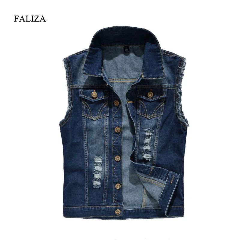 FALIZA Men's Ripped Design Jeans Vest Ripped Denim Waistcoat Men Denim ...