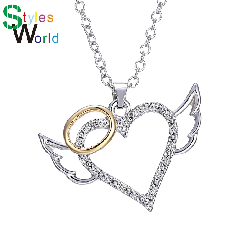 

Romantic Angel Wing Pendant Necklaces For Girls Exquisite Crystal Necklace Silver Plated Link Chian Pretty Gift For Her
