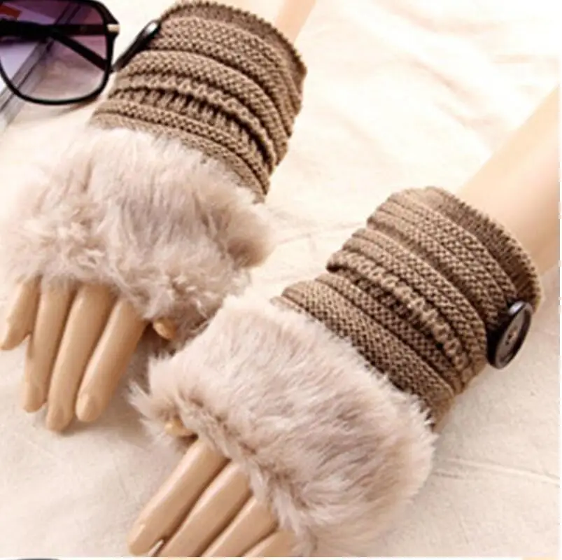 Women/'s Fingerless Fur Winter Warm Wrist Knitted Wool Mitten Gloves Wholesale