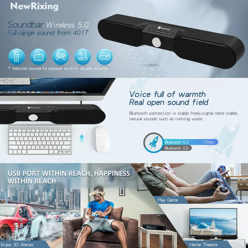 HIFI портативный беспроводной Bluetooth динамик стерео Саундбар TF FM USB Сабвуфер Колонка для компьютера ТВ телефона
