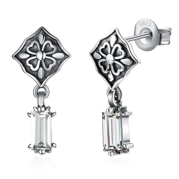 

Hemiston 925 Sterling Silver Vintage Flower White Rectangular Zircon Charm Earrings , European For Women Anniversary Fashion