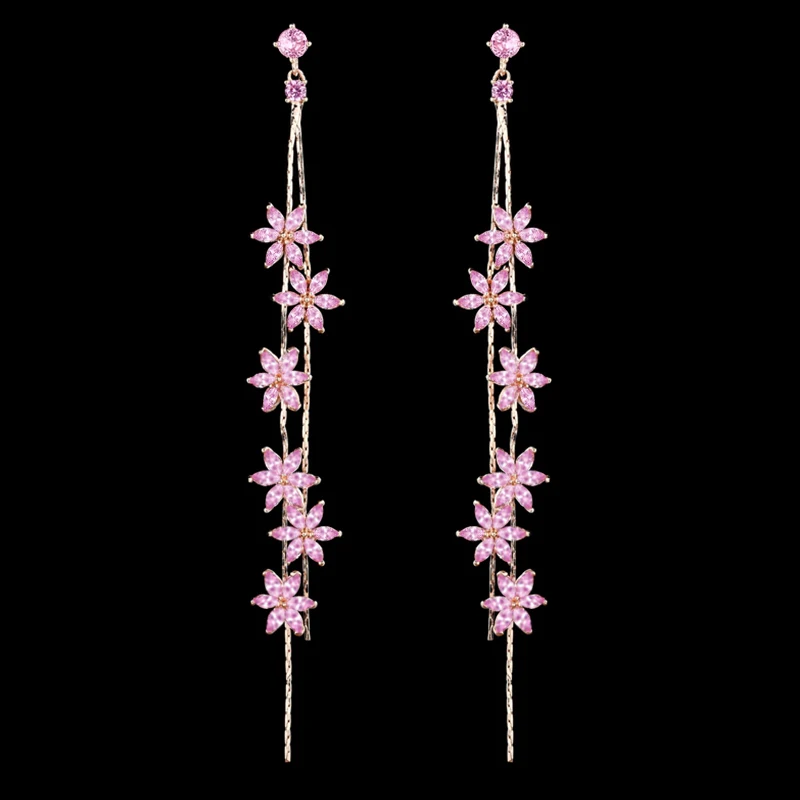 Роскошные Длинные серьги с розовым фианитом и цирконием в виде цветка, модные серьги-гвоздики из розового золота с кисточкой в виде цветка для женщин, ювелирные изделия для свадебной вечеринки, висячие серьги
