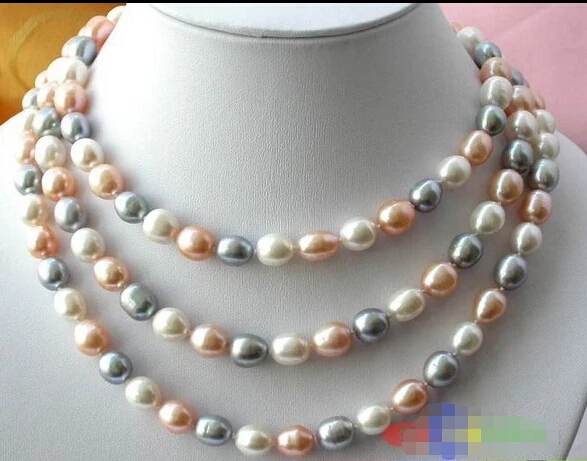 

Wholesale FREE SHIPPING >>> P1099 50" 12MM RICE WHITE GRAY PINK FRESHWATER PEARL NECKLACE