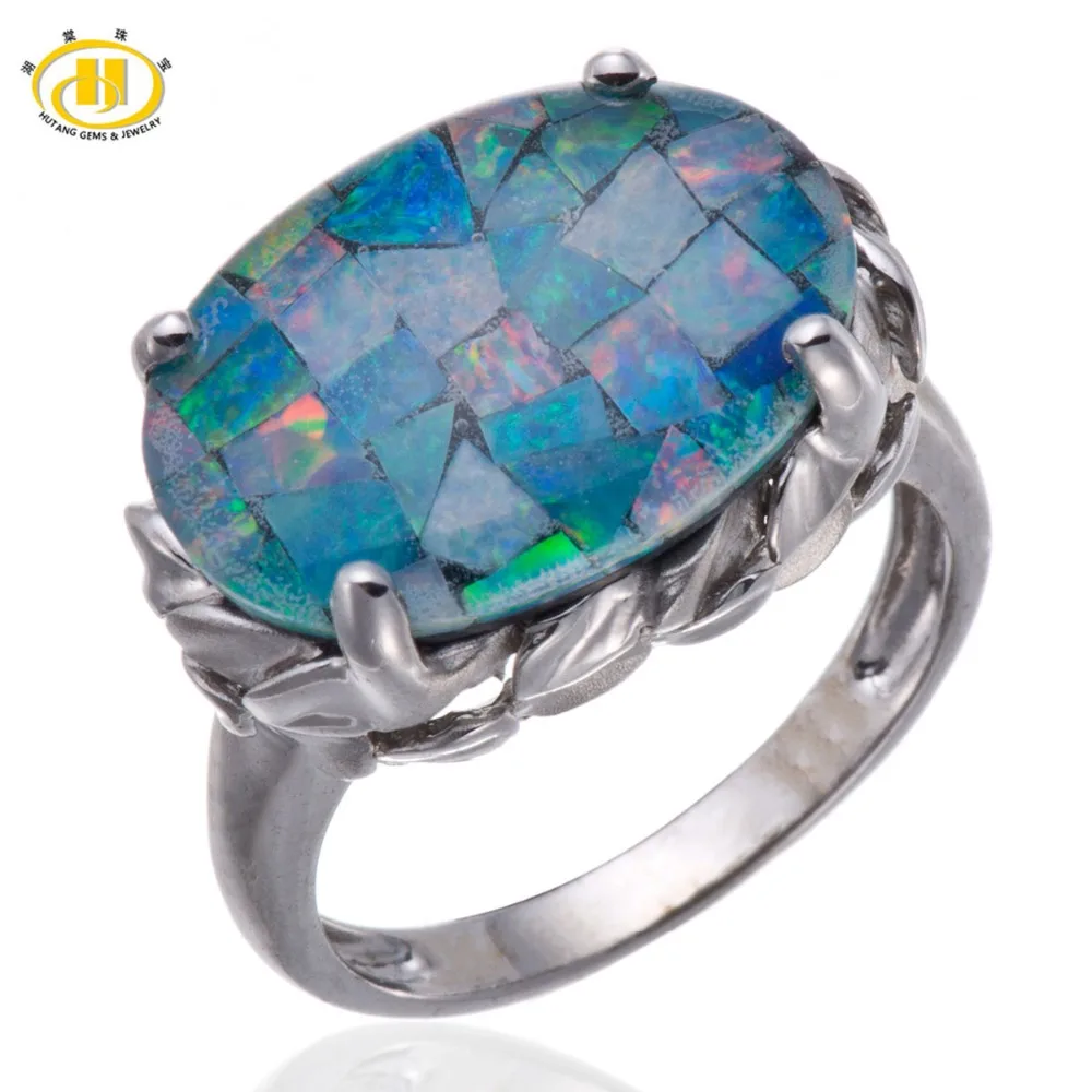 Hutang Triplet Mosaic Opal Solid Pure 925 Sterling Silver Ring Fine