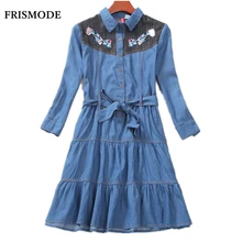 Vintage Flower Embroidery Denim Dress 2017 New Autumn Sweet Floral Long Sleeve Midi Tunic Mori girl Dress Women Denim Dresses