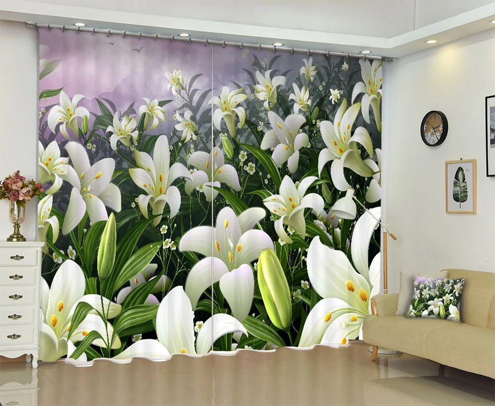

A vast expanse of beautiful lilies 3d Digital Printing Stereo Cutoff Curtains High Precision Black Silk Door curtain