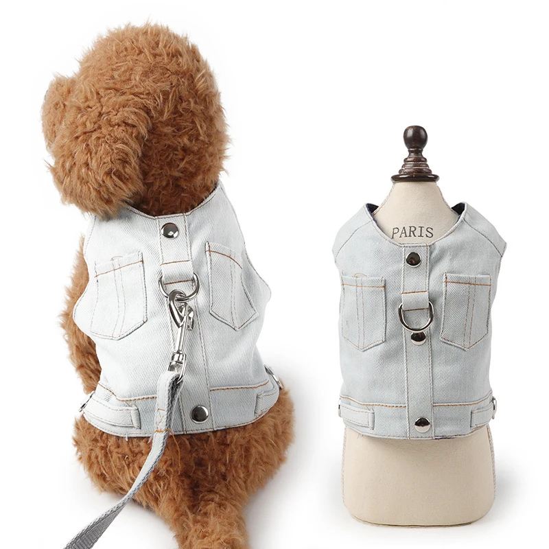 Dog Harness Vest Jean Jacket Denim Pet Puppy Vest Harness for Small Dog Cat Chihuahua Teddy Schnauzer Apparel