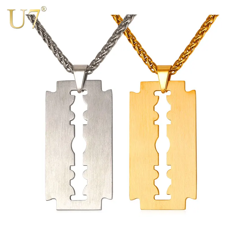 U7 Razor Blade Necklace & Pendant Charm Gift For Father Gold Color 316L