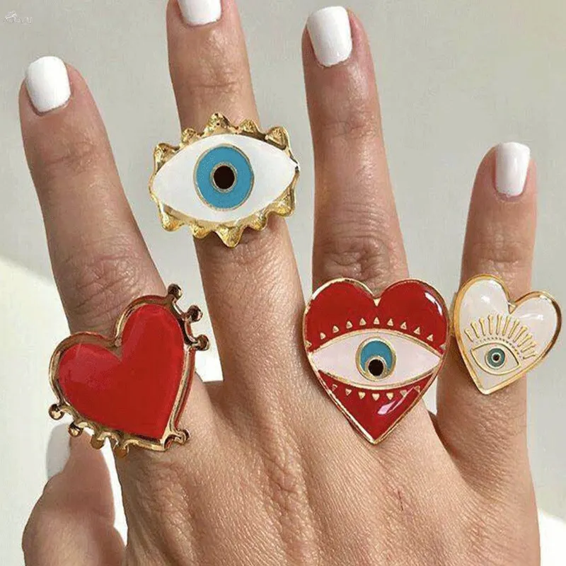 

AOMU Lovely Exaggerated Eyes Heart Rings For Women Fashion Statement Rings Opening Adjustable Party 2019 Jewelry Set