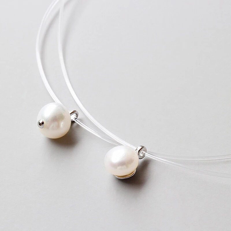 Kindlegem Fashion Handmade Natural Freshwater Pearls Choker Clear Fishing Line Necklace Pendant