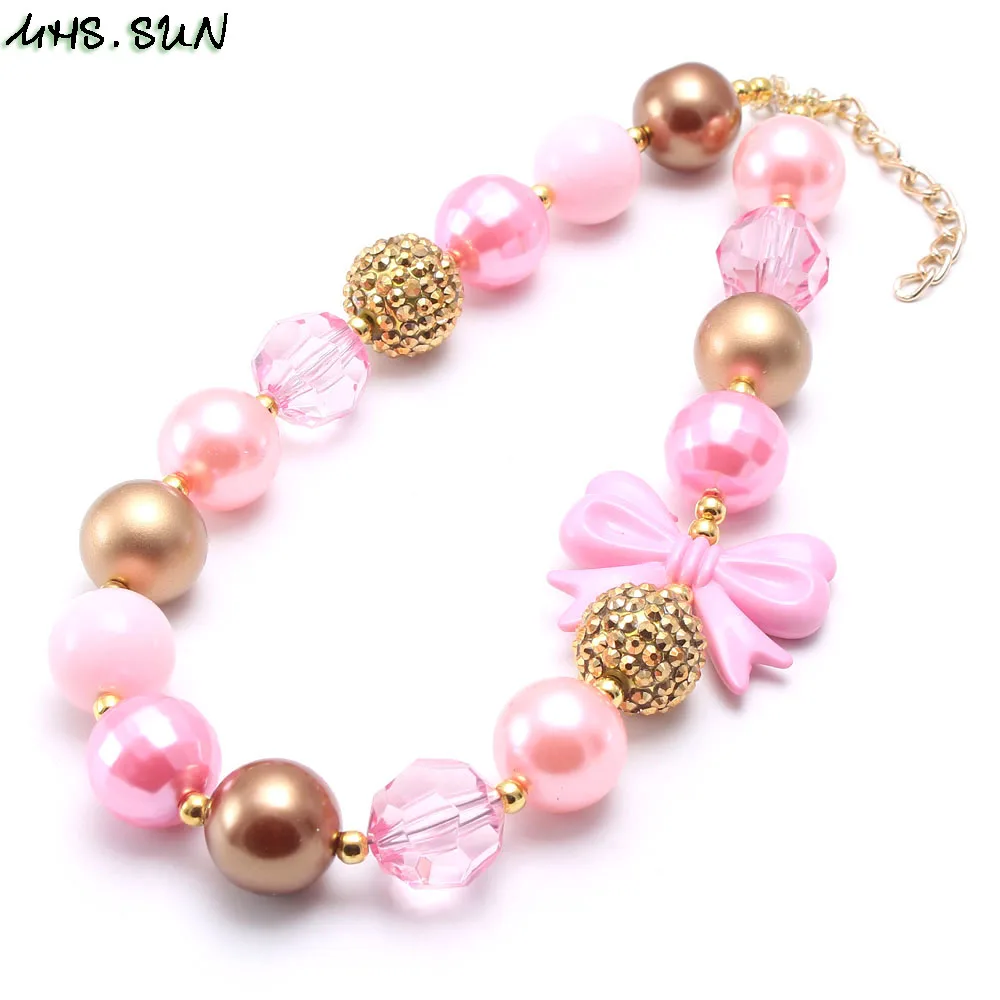 

MHS.SUN New fashion 1pc/lot baby girls chunky bubblegum beads necklace pink bowknot handmade choker necklace for kids gift