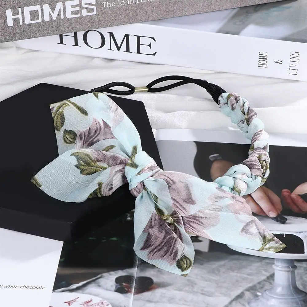 

Women Chiffon Floral Bowknot Braid Headbands Ladies Girl Rabbit Ears Hairband Elastic Banana Leaf Beach Hair Accessories
