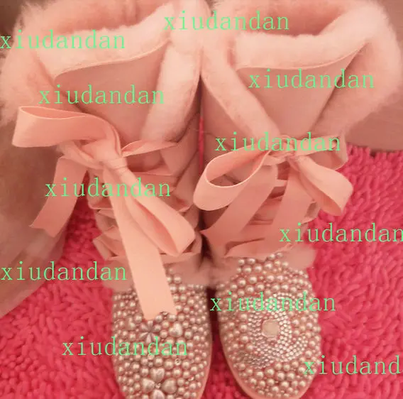 

Natural Suede 100% Wool inside women snow boots hot sell sparkling diamond rhinestone handmade genuine leather pearl snow boots
