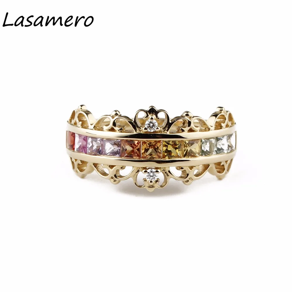 LASAMERO Cushion Cut 1CTW Natural Color Sapphire Gemstone Diamond 18k Yellow Gold Accents Vintage Crown Wedding Engagement Ring | Украшения