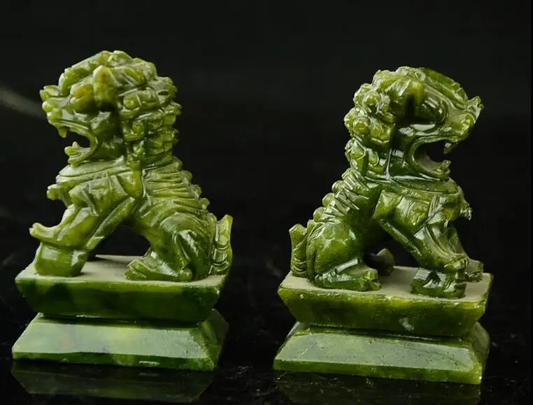 

Rare A pair 100% China natural jade hand-carved statues fo dog lion