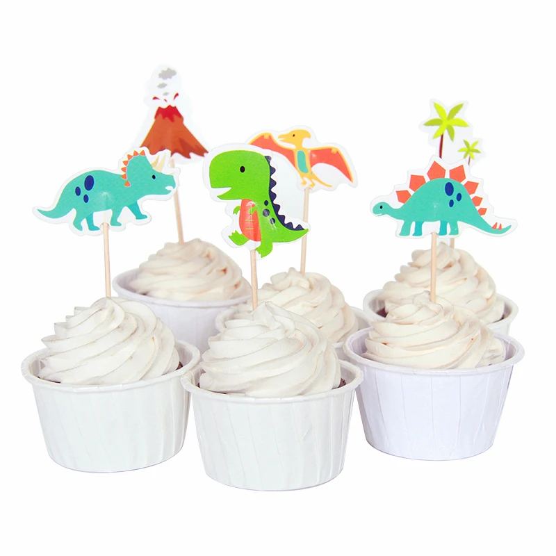 

24pcs Jurassic Dinosaur cake toppers cupcake picks cases dinosaur party kids birthday party decoration baby shower candy bar