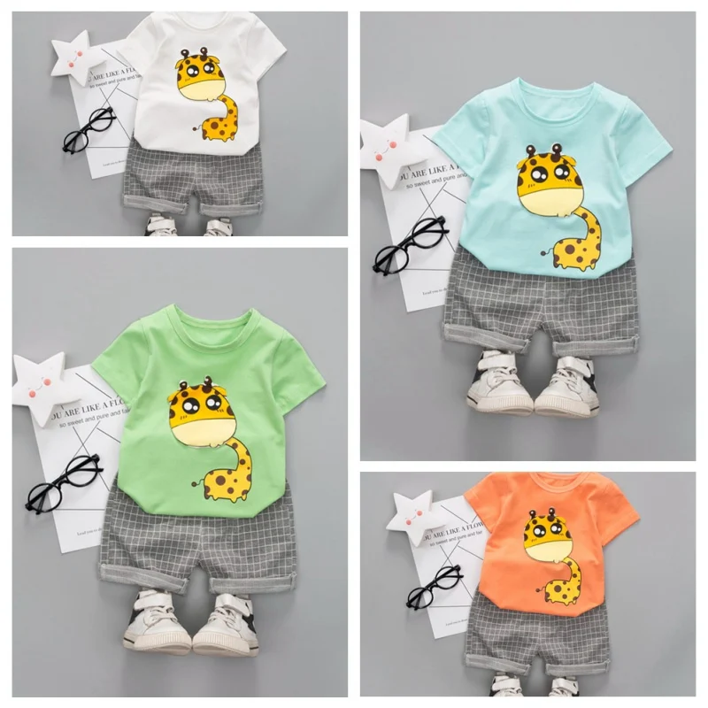 Summer Casual Baby Boy Giraffe Cartoon Pattern Short Sleeve Cotton Kit Kids Toddler Two-piece Cute Outfit Set 0-4Y Summer Casual Baby Boy Giraffe Cartoon Pattern Short Sleeve Cotton Kit Kids Toddler Two-piece Cute Outfit Set 0-4Y