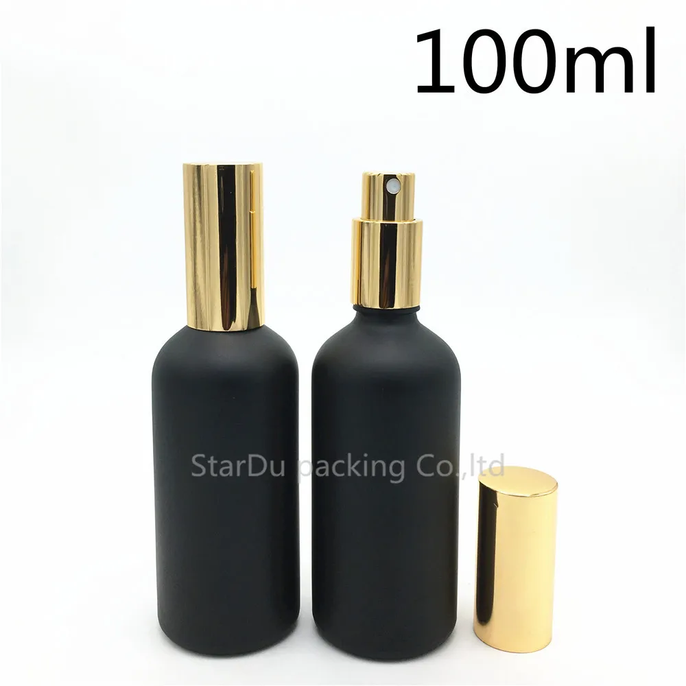 

Free Shipping 12pcs 100ml black Frosted glass bottle with gold aluminum sprayer, Essential Oil Spray Glass perfume bottle