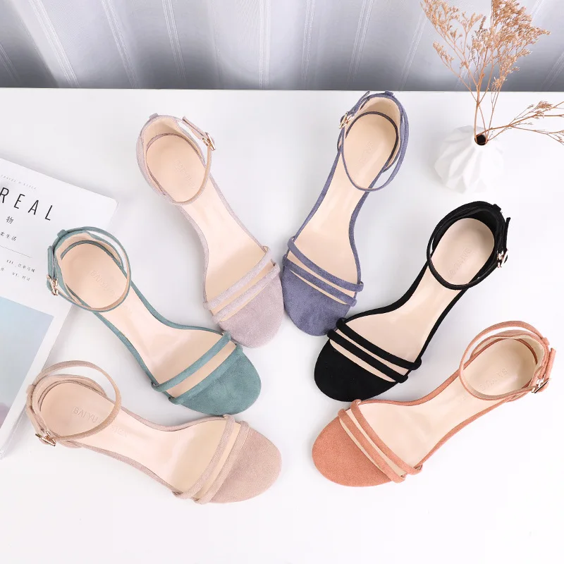 

Summer Women Sandals Open Toe shoes Suede Round head 6.5CM Women's thin heel Women Office Shoes