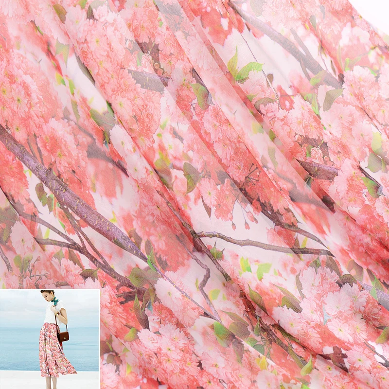50X140cm/piece Pink Peach Blossom Flower 100% Real Mulberry Silk Fabric Cloth For Manual Dress Clothing DIY Sewing Patchwork | Дом и сад