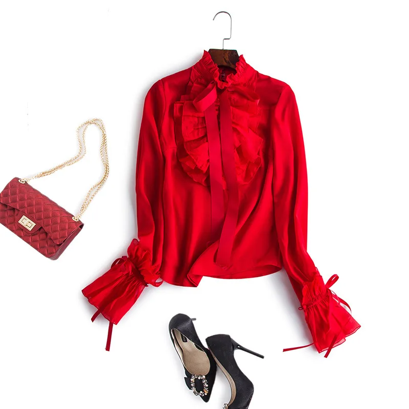 Женские модные дизайнерские блузки на осень и весну, коллекция года, женские элегантные однотонные красные блузки с оборками и расклешенными рукавами, женские рубашки
