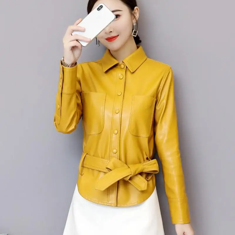 2019 New Women Short Genuine Leather Jacket Lady Spring Vintage Solid Turn-down Collar Single Breasted Slim Plus Size Coat