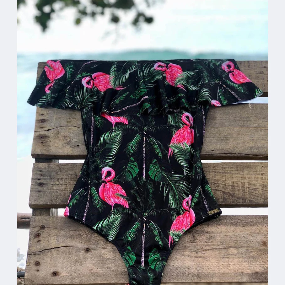 

2019 Sexy Ruffle Women Swimwear One Piece Swimsuit Push Up Monokini Bodysuit Print Swim Suit Bathing Suit Beach Wear Summer
