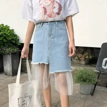 

2018 New Mesh Chiffon Rokje Female Korean Wild Students High Waist Denim Skirt Women Skirt Shorts Plus Size