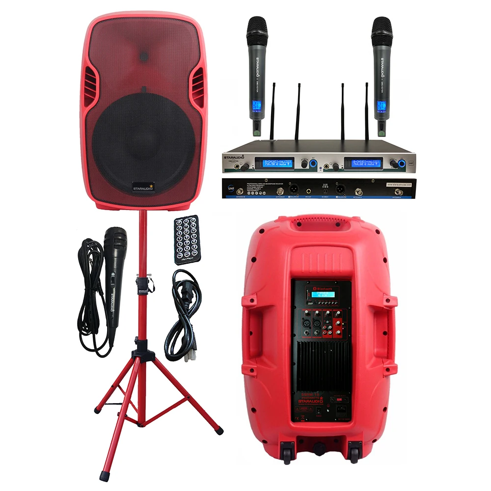

STARAUDIO 3500W PA 15" Powered Active Bluetooth Speaker DJ PA Stand Wired Mic 2CH UHF Wireless IR Handheld Microphone SSRM-15
