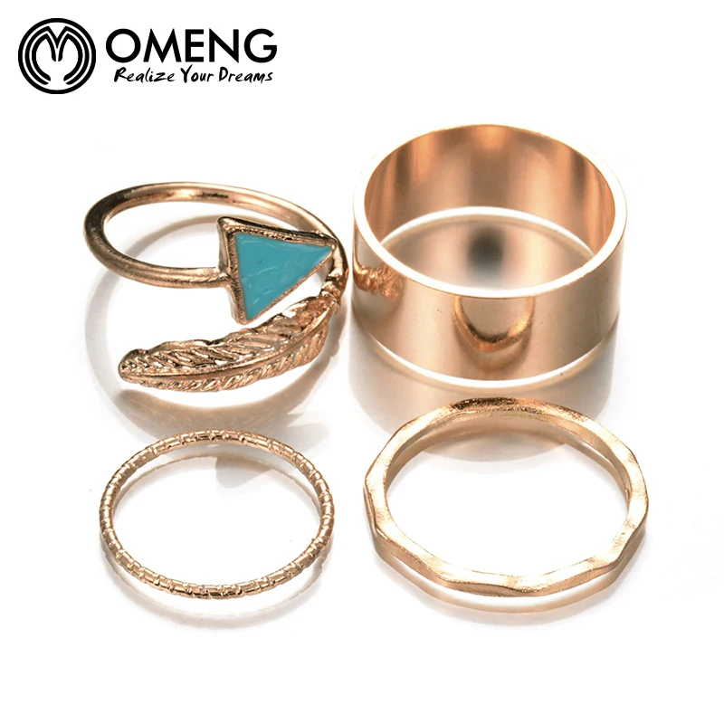 omeng 4pcs lot triangle turquoise leaf gold plated stacking midi finger knuckle rings charm ring set for women jewelry ojz063 - Turquoise Wedding Rings omeng 4pcs lot triangle turquoise leaf gold plated stacking midi finger knuckle rings charm ring set for women jewelry ojz063 - Turquoise Wedding Rings