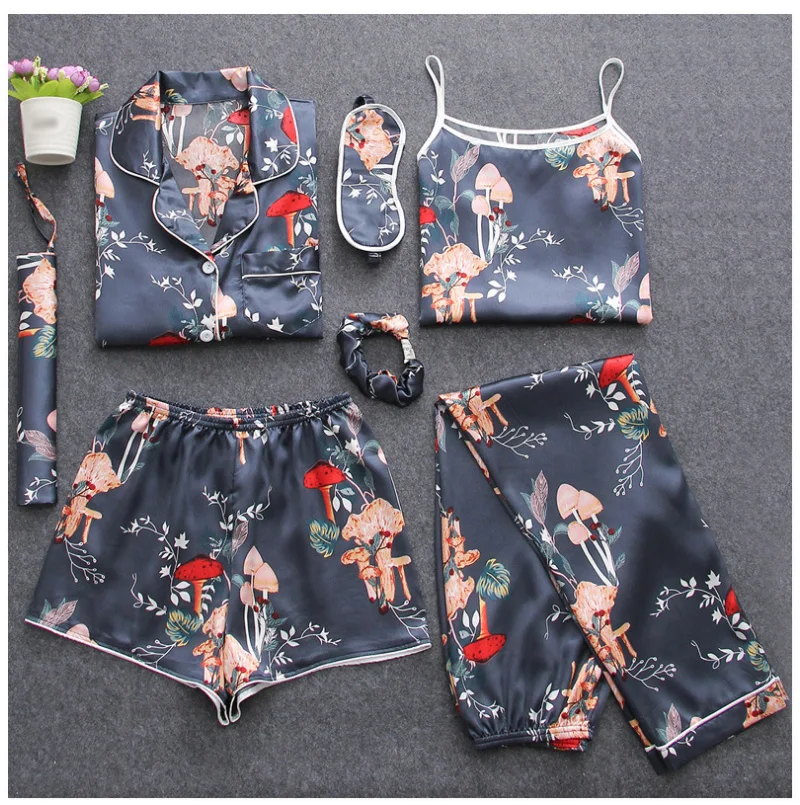 Satin Sleepwear Sexy Pyjamas Pijamas Women Pajamas Sets Slik Sleep Lounge 7 Pieces Nightwear Ladies Pajama Suit Indoor Clothing for women (14)