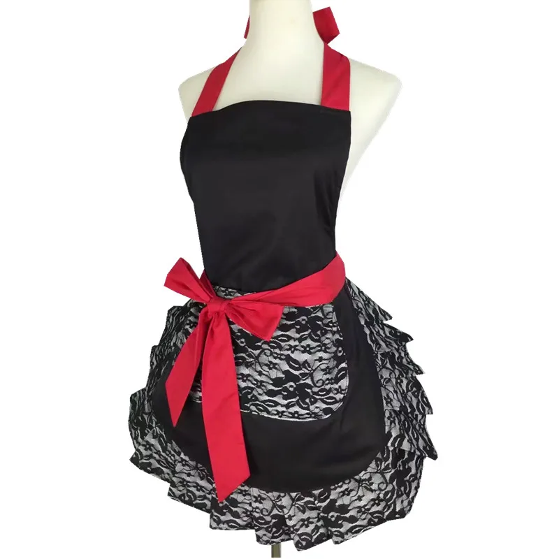 XiuMood New Fashion Black Cotton Lace Big Pocket Aprons For Home Kitchen Chef Woman Waiter Overalls Apron