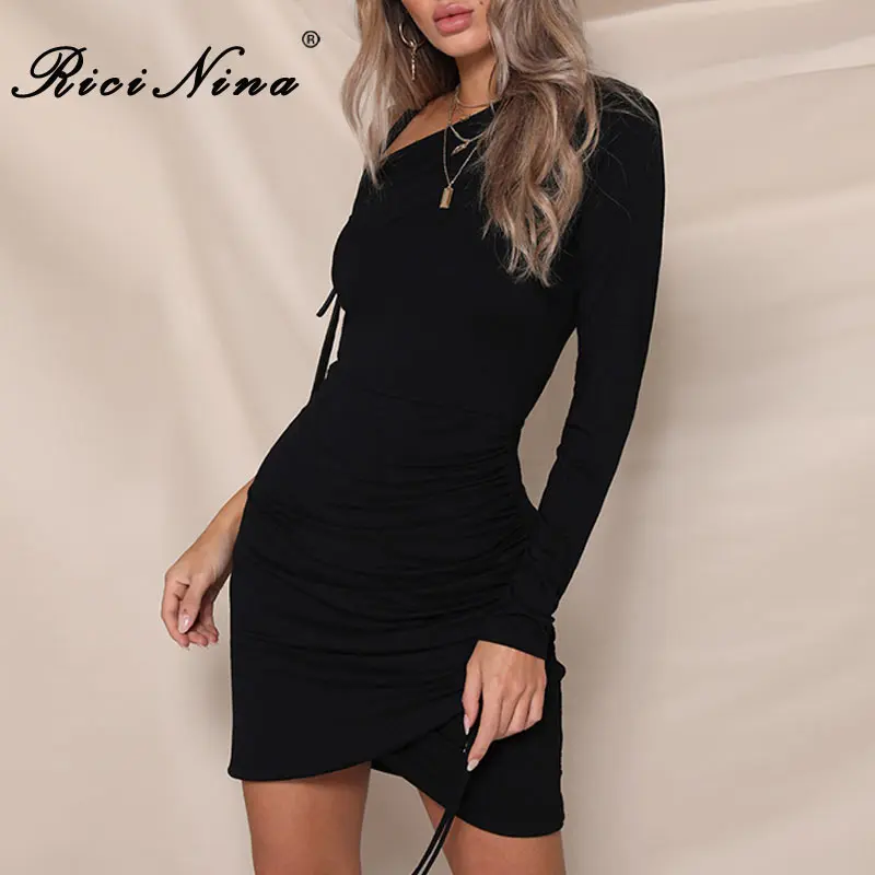 RICININA Fashion Summer Sexy Bodycon Dress Women One-Shoulder Long Sleeve Mini Dress Ladies Casual Party Dresses Vestidos 