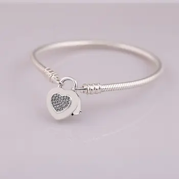 

NEW S925 Sterling Silver Bracelet Bangle For Women Pave Crystals Clear CZ Signature Heart Lock Clasp fit Lady Bead Charm Pendant