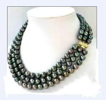 

NEW triple strands SOUTH SEA AAA 9-10MM BLACK PEARL NECKLACE 17-19"plated clasp EARRING