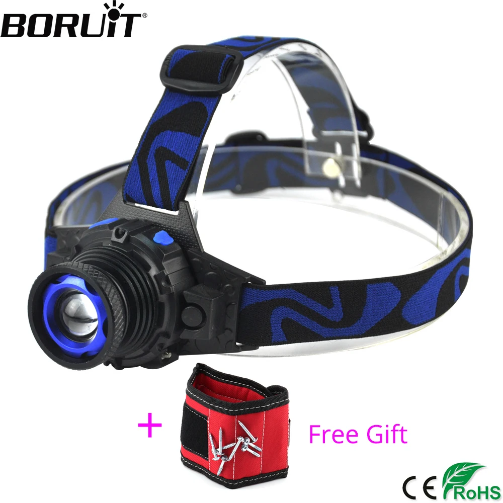 buy BORUiT 1000LM Q5 LED Headlamp 4 Mode Zoom Headlight Rechargeable Head Torch Camping Hunting Flashlight with Tool Bags as a Gift