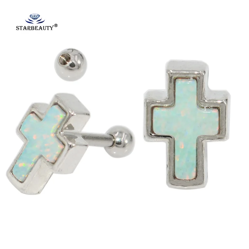 Us 12 98 Starbeauty 2 Pcs Lot White Opal Gem Cross Tragus Piercing Orelha Cartilagem 16g Stud Earrings Helix Ear Piercing Body Jewelry In Body