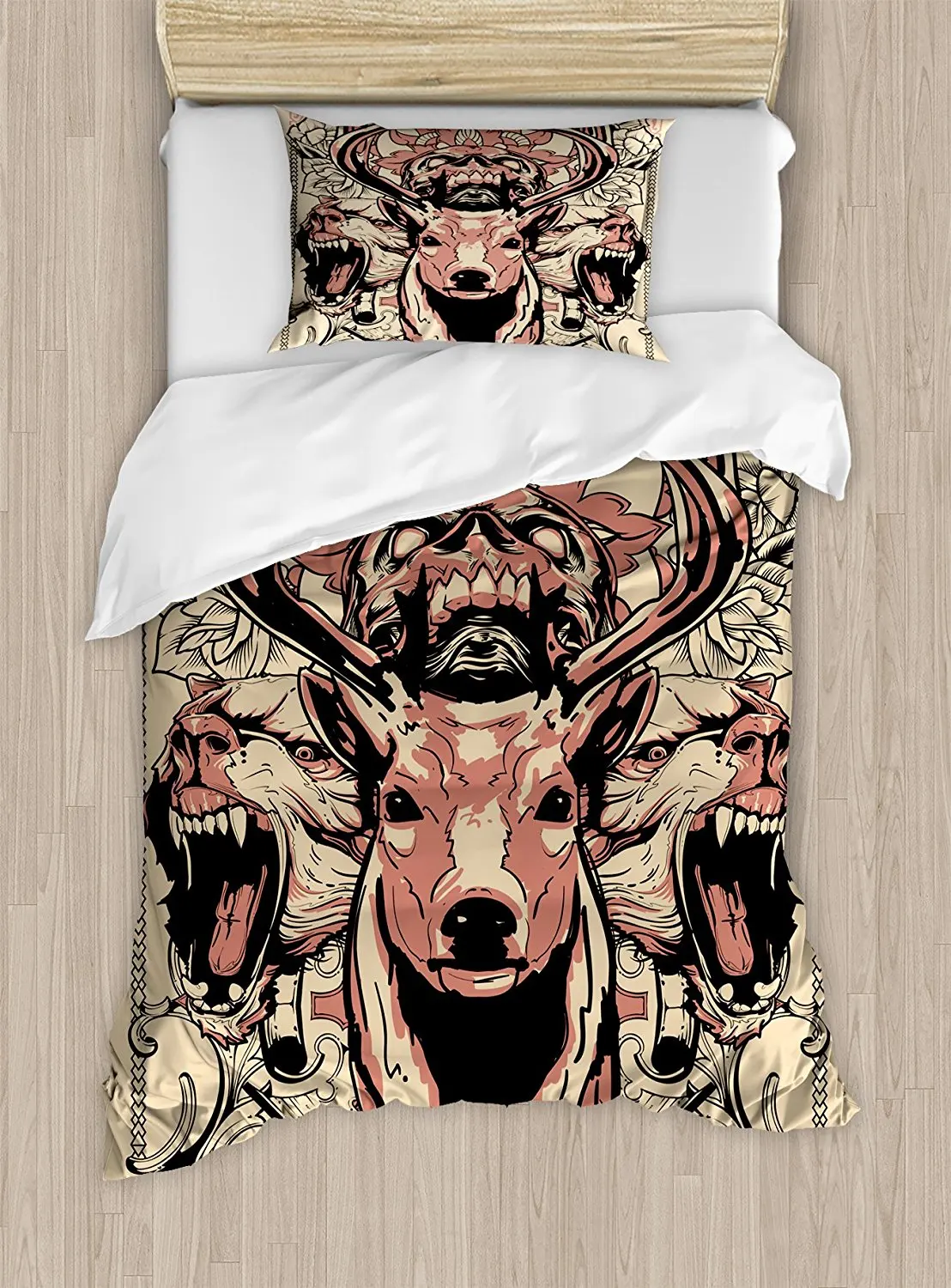 

Deer Duvet Cover Set Modern Artsy Illustration of Skull and Wolves with Floral Design Majestic Antler Bedding Set Black Pink