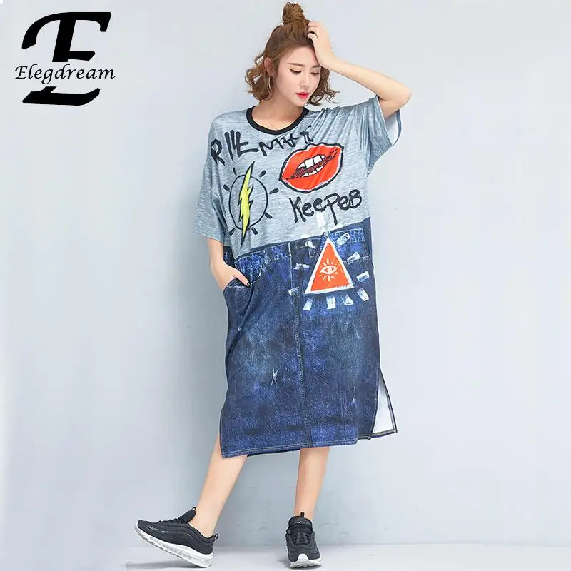 

Elegdream Brand Woman Clothes Fashion Print Ladies Patchwork Casual Dress Plus Size Loose Dresses Long Shirt Tunic Vestidos