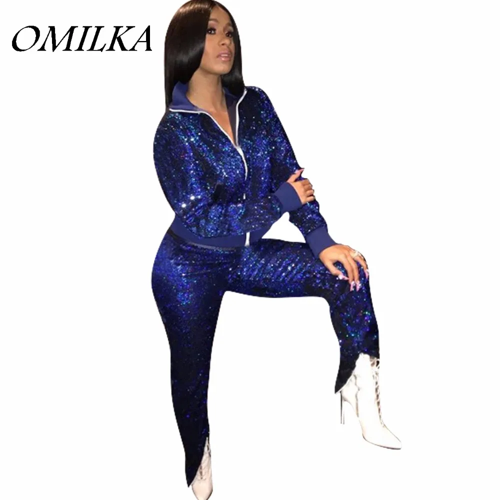 

OMILKA 2018 Autumn Winter Women Long Sleeve Zipper Sequin 2 Piece Jacket and Pant Set Sexy Blue Glitter Club Party Clothing Set