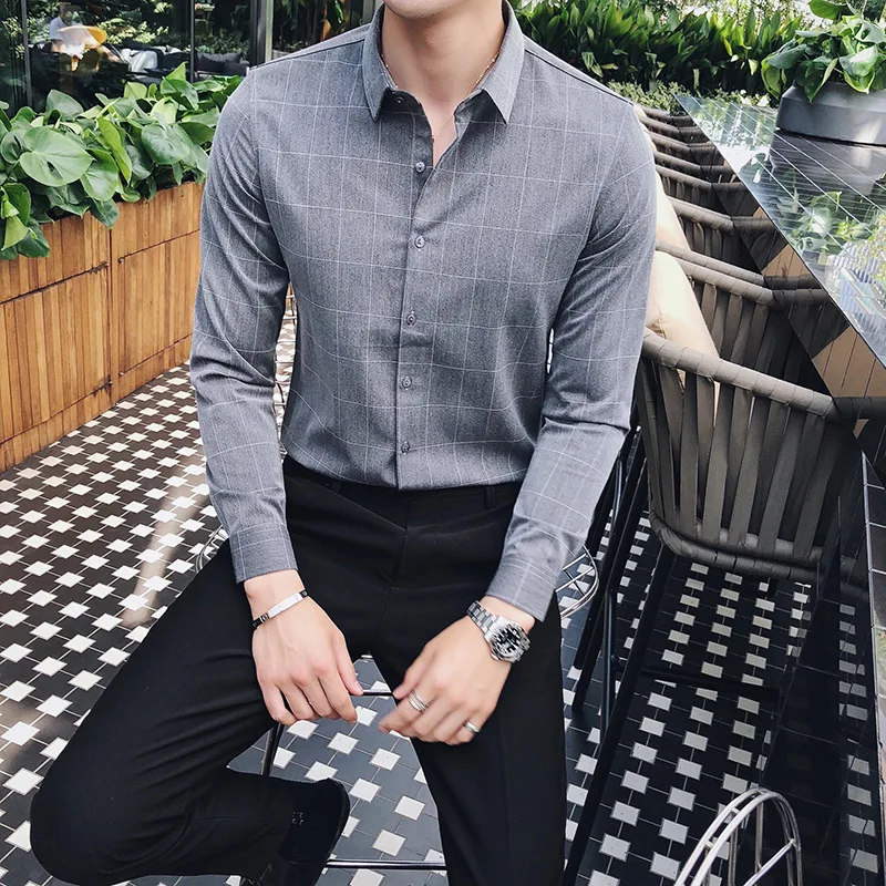 New Arrived 2018 Autumn Plaid Shirt Man Business Casual Shirts Men Slim Fit Long sleeve Work Shirts dress shirt