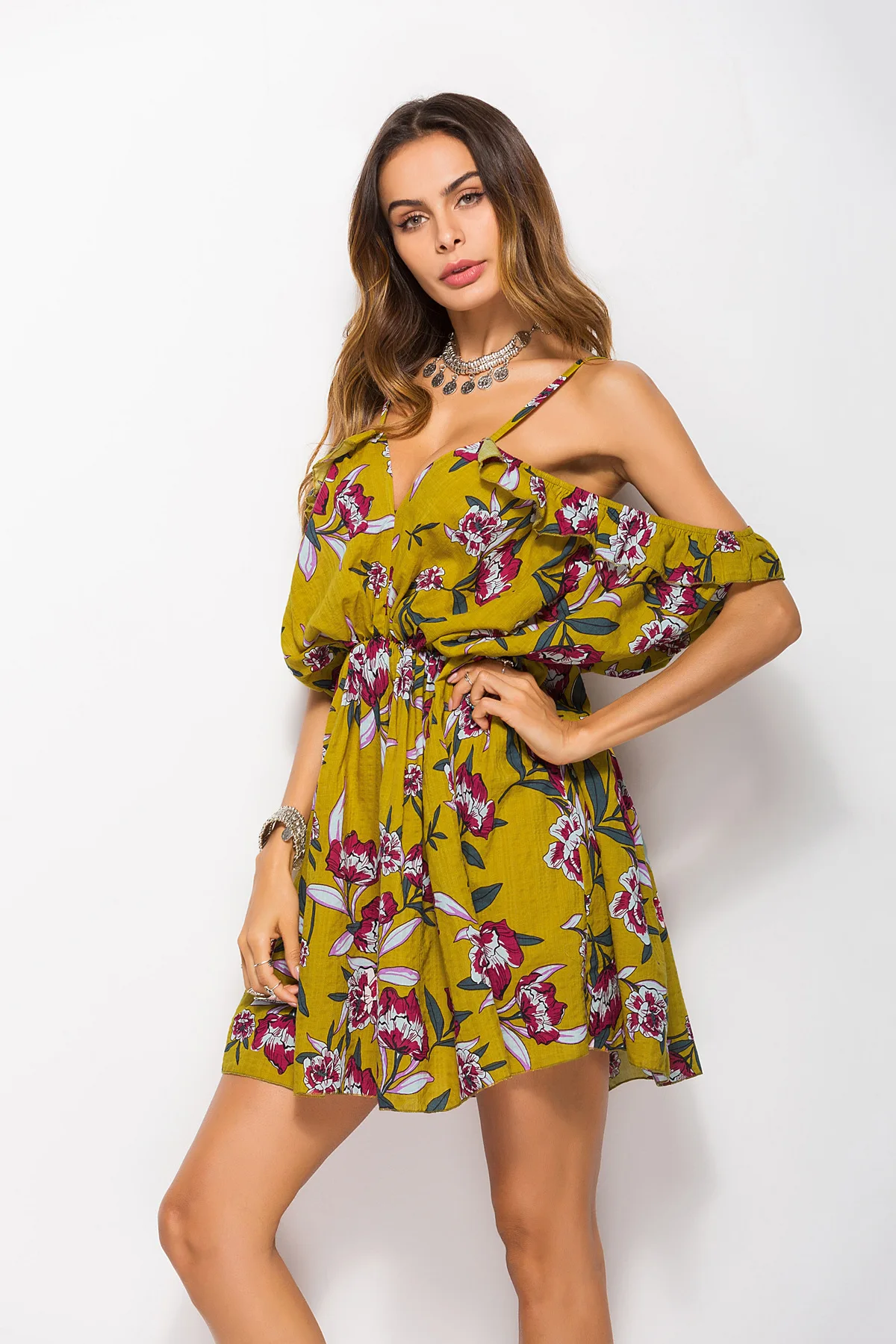 Women summer fashion sexy V-neck open back irregular sling dress off-shoulder batwing sleeve print dress party vestidos