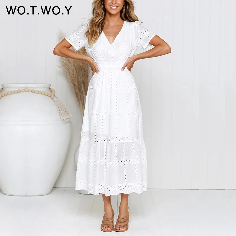 

WOTWOY White Embroidered Cotton Ankle-Length Dresses Women Summer Chain Hollow Out Slim A-Line Long Dress Female Casual V-Neck