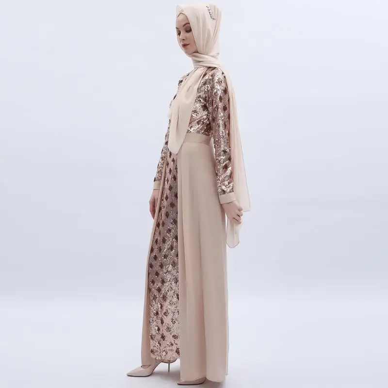 Дубайский кафтан с блестками мусульманский абайя Макси Вечерние платья арабский джилбаб халат платье Элегантная Исламская одежда с круглым вырезом лоскутное платье Мода