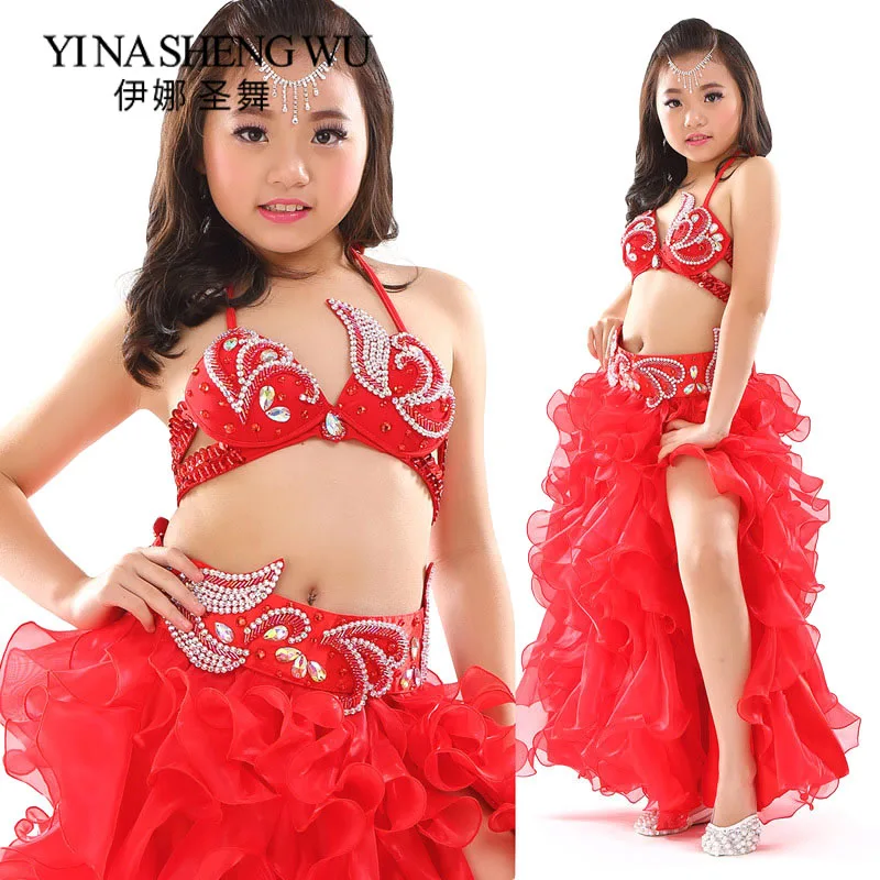 

Kids Belly Dance Stage Performance Clothes Oriental Dance Outfit Beaded Bra Belt Skirt Girls Belly Dance Costumes Set Children