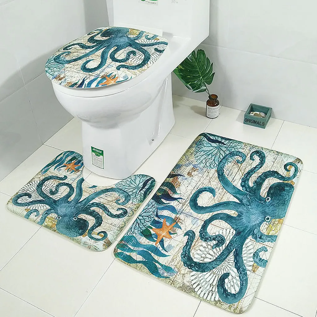 

4PCS Sea Style Non Slip Toilet Polyester Cover Mat Set Bathroom Shower Curtain Set claw movie mandala modern striped