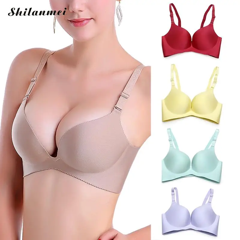 

Women Sexy Deep V Push Up Bras Brief Sexy 3/4 Cup Brassiere Light Pink Lingerie Underwear Adjustable Seamless Bra 100B 100C