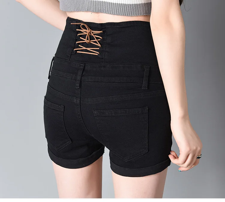 Для женщин летние Европейский Тонкий черный Стиль Высокая Талия Короткие джинсы прямой шнурок 4 пуговицы джинсовые шорты