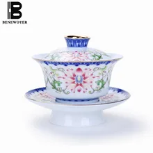 150 мл Цзиндэчжэнь Винтаж расписанную Famille роза пастель синий и белый фарфор Gaiwan пуэр Кофе чашу Посуда для напитков орнамент